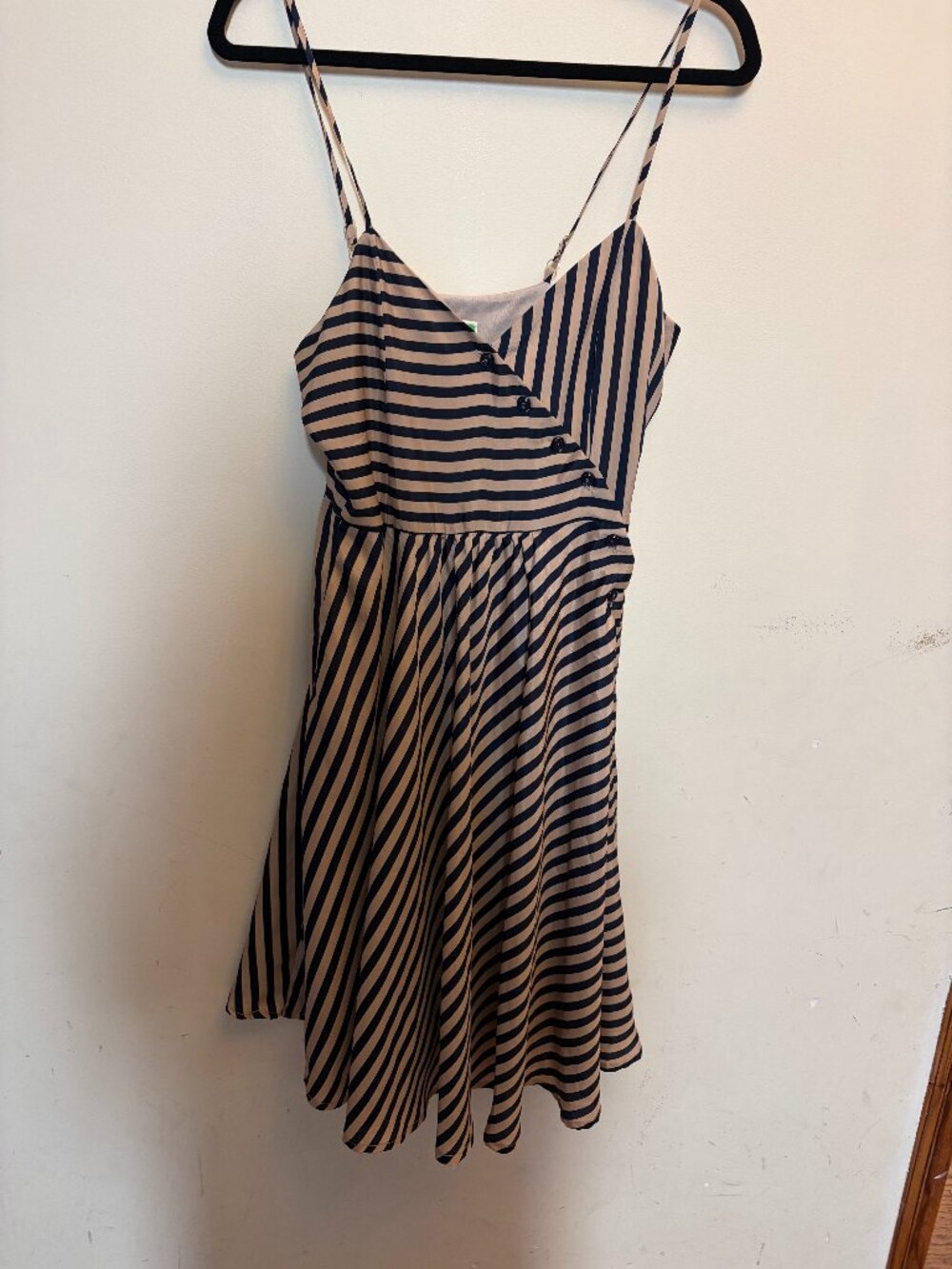 Fervour (ModCloth) Navy & Tan Striped Faux-Wrap Fit and Flare Dress